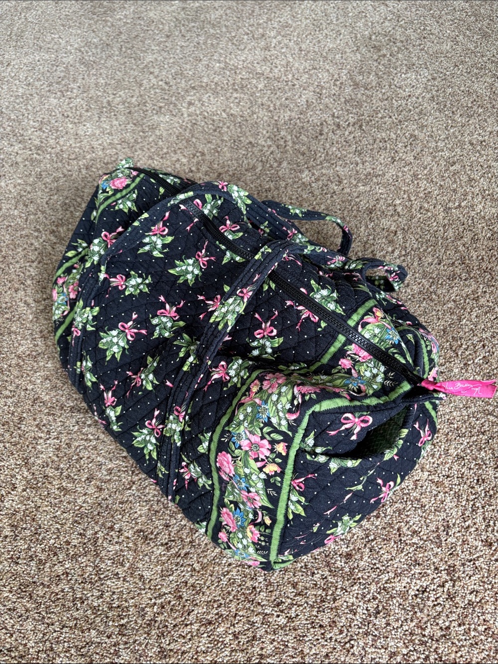 Vera Bradley Black Quilted Travel Duffel with Pink & Green Floral Print
